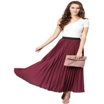 Women Burgundy Accordian Pleat Maxi Flared Skirt