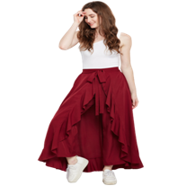 Maroon Solid Ruffled Flared Maxi Skirt with Attached Trousers