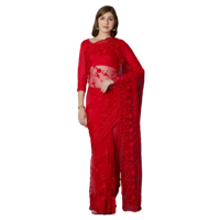 Mitera Red Embroidered Net Saree