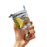 Dvh Cartoon Pattern Creative Multipurpose Glass Drinking And Measuring Cup With Silicone Straw And Lid