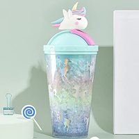 Plastic Unicorn Design With Sparkle And Glitter Light And Non Light Fancy Sipper With Straw 600Ml