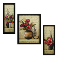 Indianara 3 Pc Set Of Floral Paintings (1056) Without Glass 5.2 X 12.5, 9.5 X 12.5, 5.2 X 12.5 Inch