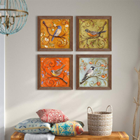 Painting Mantra - Multicolor Jardine Birds Set Of 4 Brown Framed Painting,Uv Textured Art Prints (10 X 10 Inch)