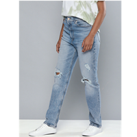 Levis X Deepika Padukone Women Blue 70S Straight Fit High-Rise Ripped Stretchable Jeans