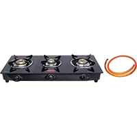 Pigeon Brunet 3 Burner Glass Cooktop with hose pipe Stainless Steel, Gas Stove