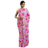 Pink & Mustard Yellow Pure Georgette Floral Printed Saree