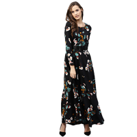 Black Floral Print Flared Maxi Dress with a Belt
