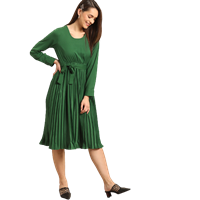 Women Solid Accordian Pleated Green Fit and Flare Dress