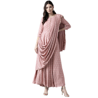 Women Dusty Pink & Golden Printed Maxi Dress With Attached Dupatta