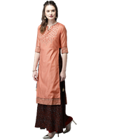 Women Peach-Coloured & Red Embroidered Kurta with Palazzos