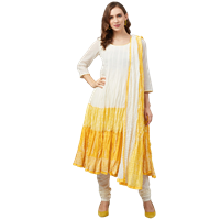 Women Off-White & Yellow Colourblocked Kurta with Churidar & Dupatta