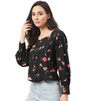 Women Black & Pink Floral Printed Shirt Style Top